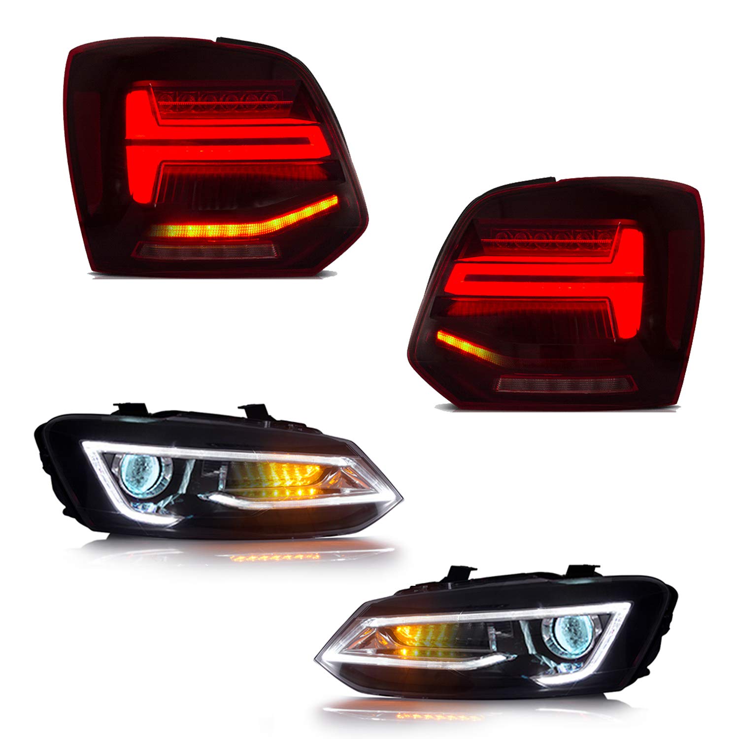 VLAND Faros delanteros y luces traseras para Polo MK5 6R 6C TSI 2009-2018 luces traseras de la lámpara delantera, con indicador secuencial, LED DRL Tech