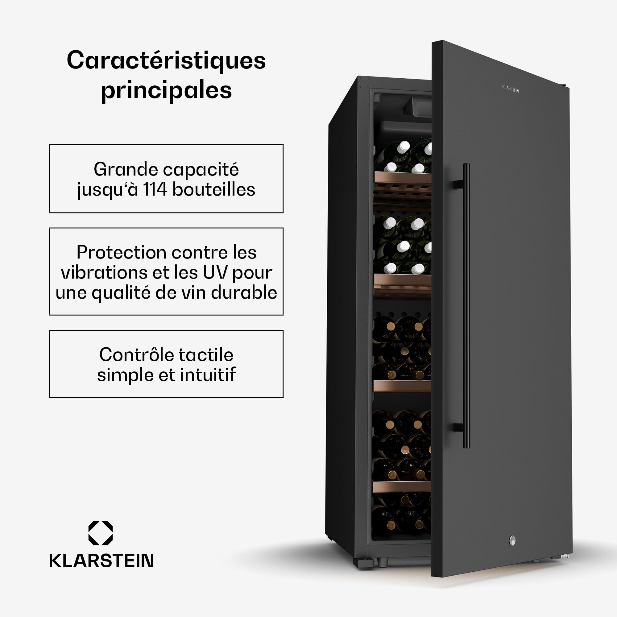 Klarstein CellarMax Cave à Vin Grande Capacité - 114 Bouteilles, 5-20°C, Porte Métal, Commande Tactile, Alarme, Autonome