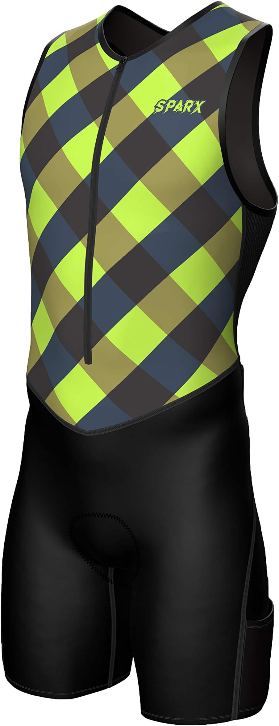Sparx SportsMens Premium Triathlon Suit Padded Triathlon Tri Suit Race Suit Swim Bike Run (Green Checks, 3XL), Green Checks, 3XL