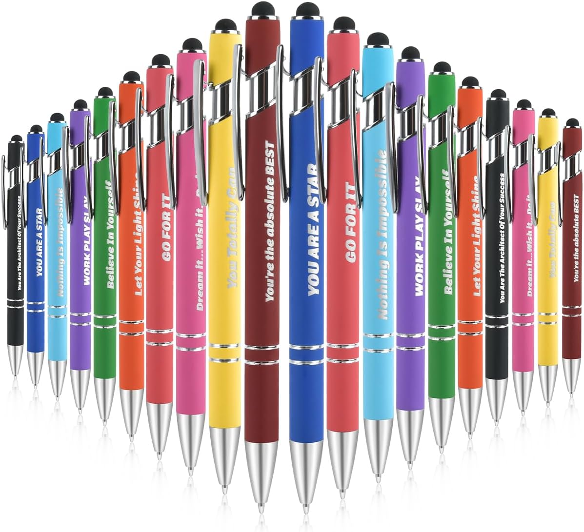 FINZOO20Pcs Motivational Ballpoint Pens,14 cm Inspirational Quotes Pens,Ballpoint Pens with Stylus Tip,Black Ink Metal Ballpoint Positivity Pens as Gifts for Women Men Office Desk Supplies