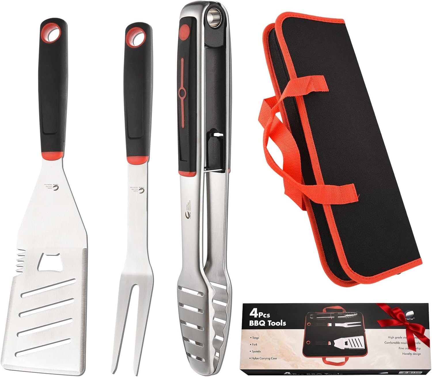 BBQ Tools Set, 4 PCS Heavy Duty Stainless Steel Spatula, Fork, Tongs with Portable Bag, Essential Accessories for Barbecue Outdoor Grill, Grilling Gifts for Men Dad Camp Chef