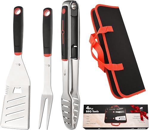 CuCut 4-Piece Heavy Duty Stainless Steel BBQ Grill Tool Set with Spatula, Fork, Tongs and Storage Bag
