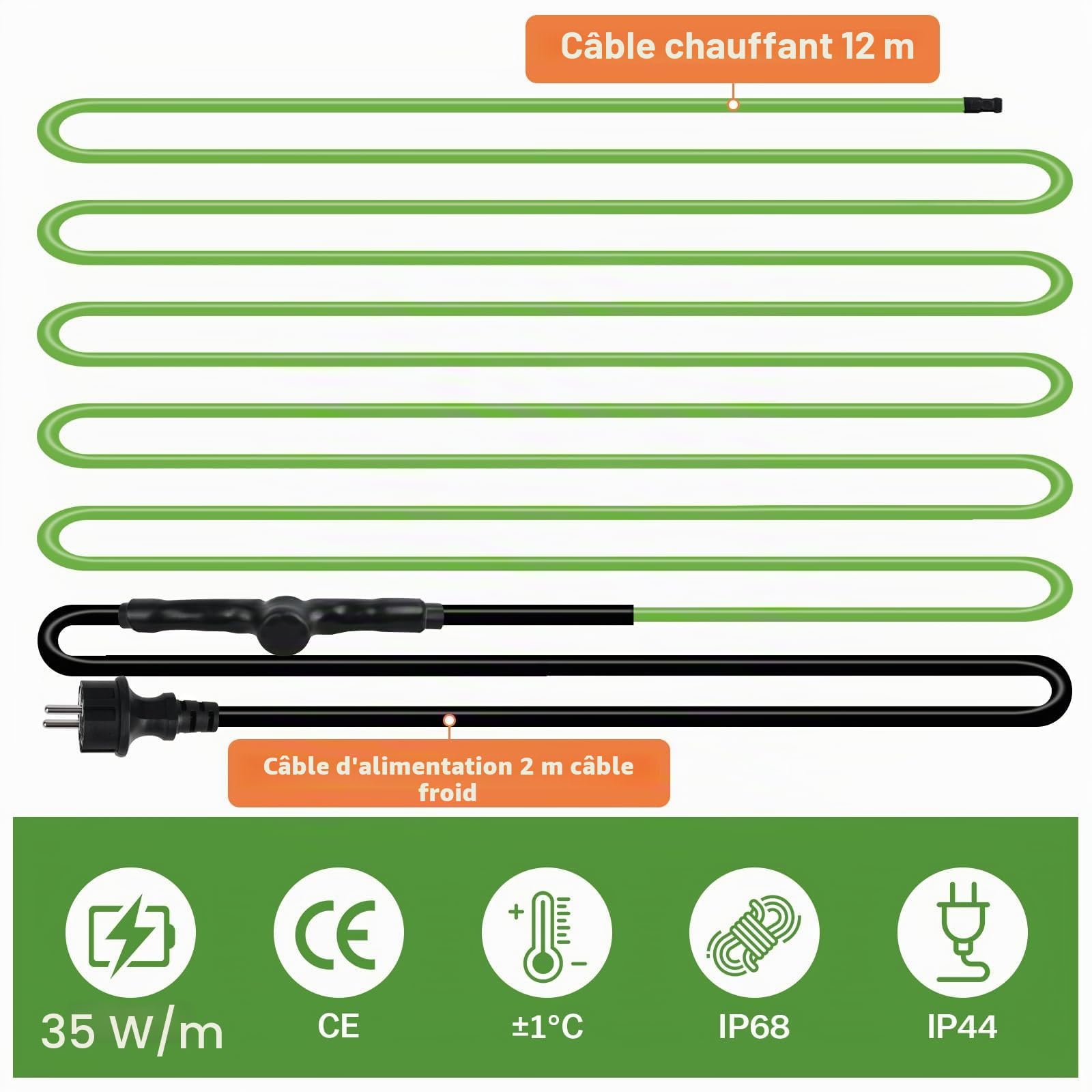 Câble chauffant autorégulateur, 12 m, antigel, avec thermostat intégré pour protéger les tuyaux d'eau, idéal pour les plantes, étanche avec fiche de contact de protection 35 W/m, 230 V, IP68