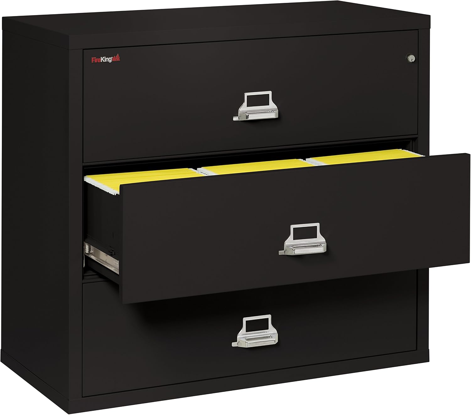FireKing Fireproof Lateral File Cabinet (3 Drawers, Impact Resistant, Waterproof), 40.25" H x 44.5" W x 22.13" D, Black