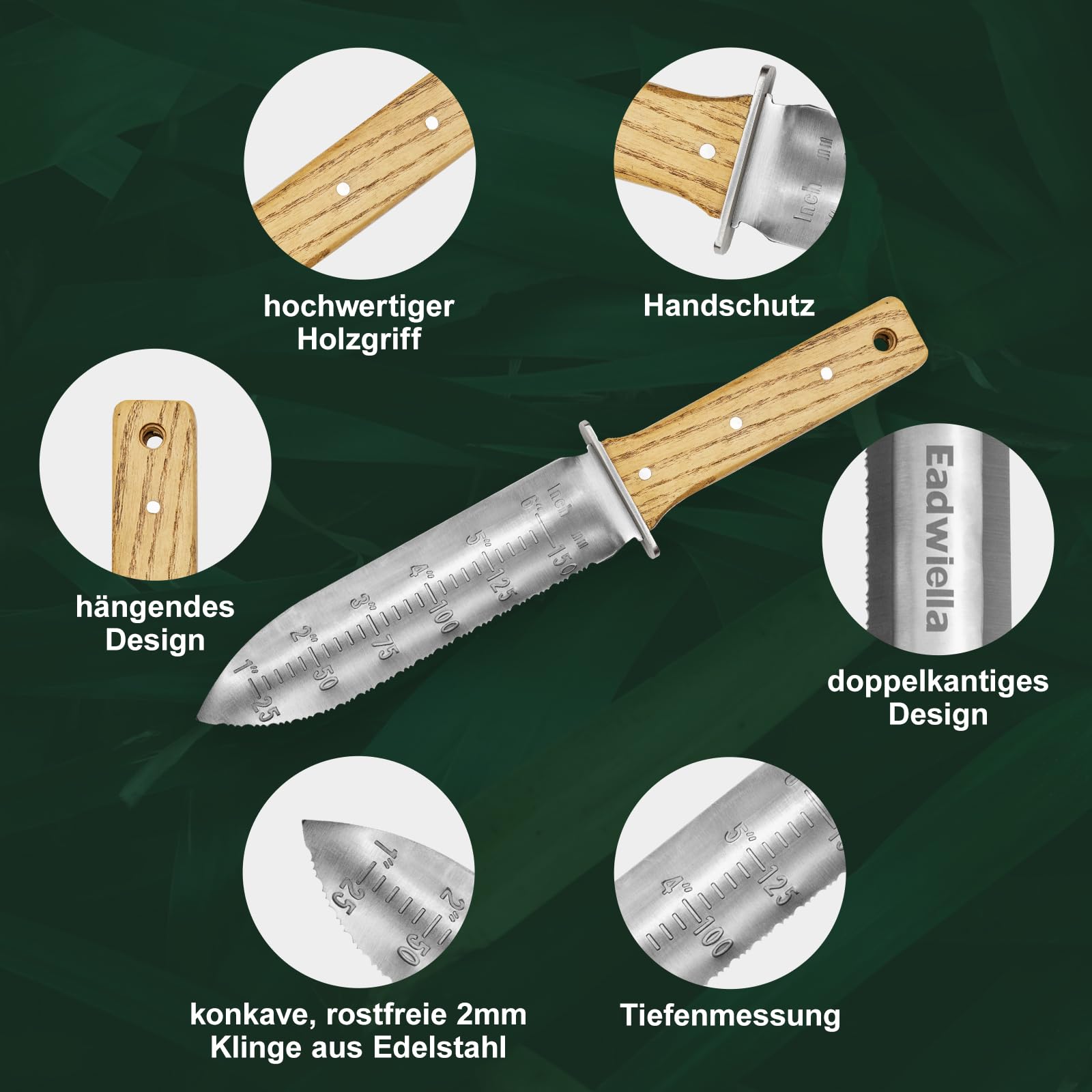 Gartenmesser, Grabungsmesser mit Lederhülle zum Graben, Pflanzen und Beschneiden, Ideales Gartengerät mit 150-mm-Tiefenmarkierung.