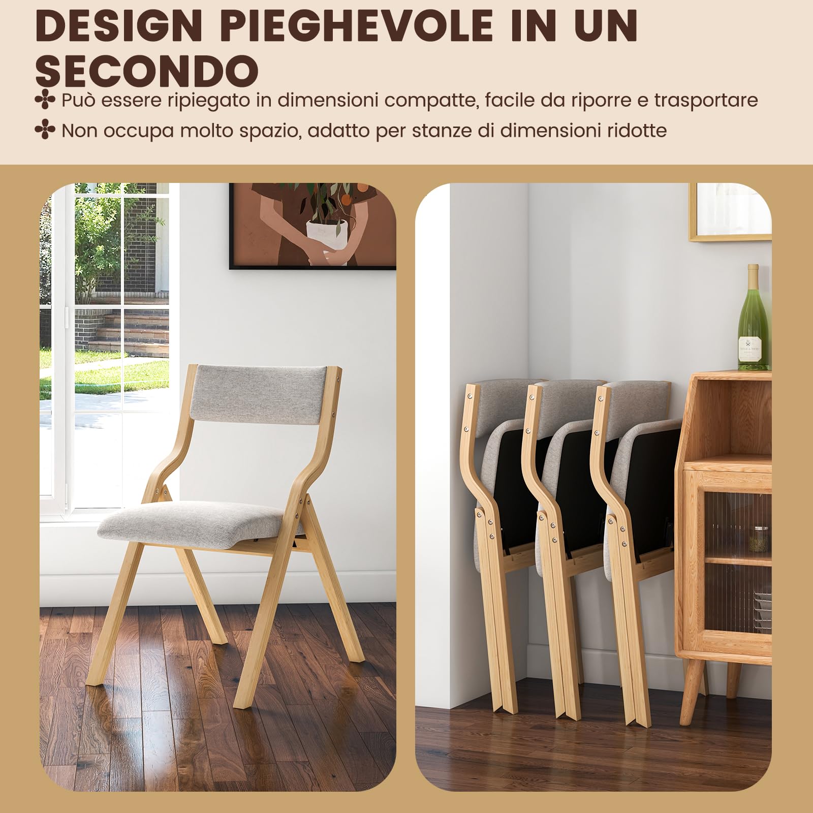 COSTWAY Set di 2 Sedie da Pranzo Pieghevoli, Sedie Imbottite con Telaio in Legno Massello e Sedile Imbottito in Tessuto di Lino, Aspetto Moderno Senza Braccioli per Cucina e Soggiorno (Naturale)