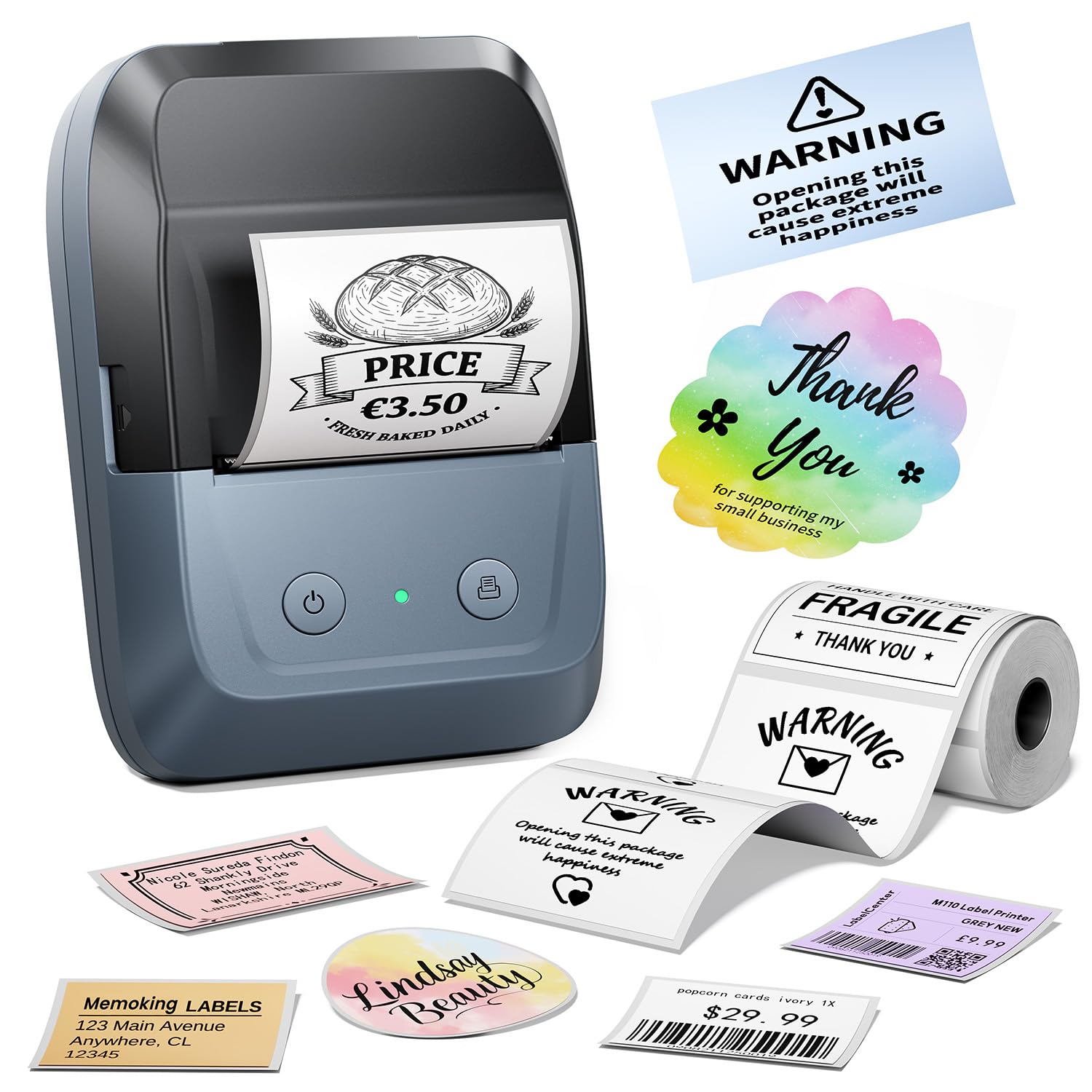 Memoking Etikettendrucker, Etikettendrucker Selbstklebend Barcode Etikettendrucker für Einzelhandel, Büro und Zuhause Kompatibel mit iOS und Android für Heim, Büro