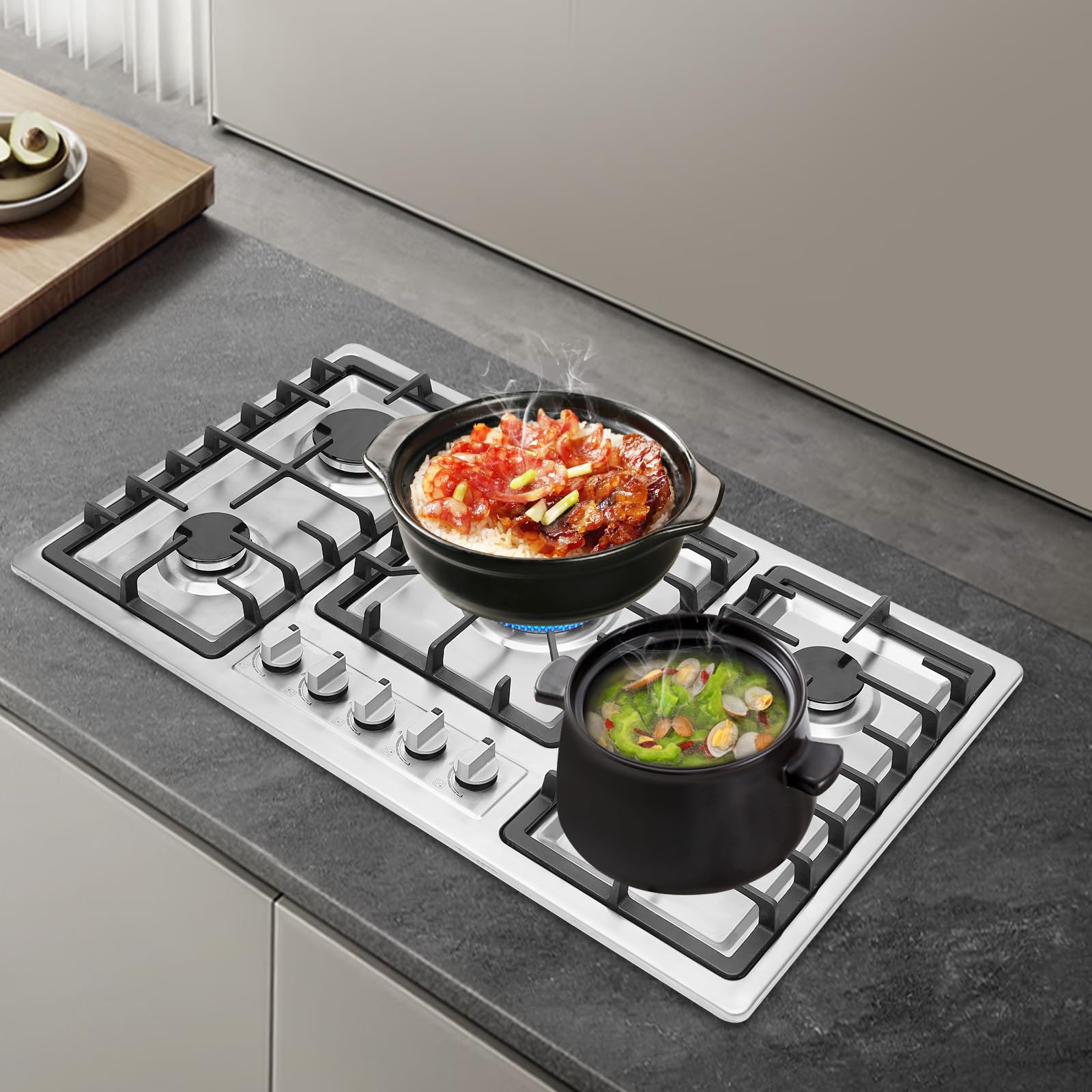 Plaque de cuisson à gaz 5 flammes pour gaz naturel, 5 flammes en acier inoxydable, 5 plaques de cuisson réglables, plaque de cuisson à gaz NG avec 5 brûleurs, pour restaurants et hôtels
