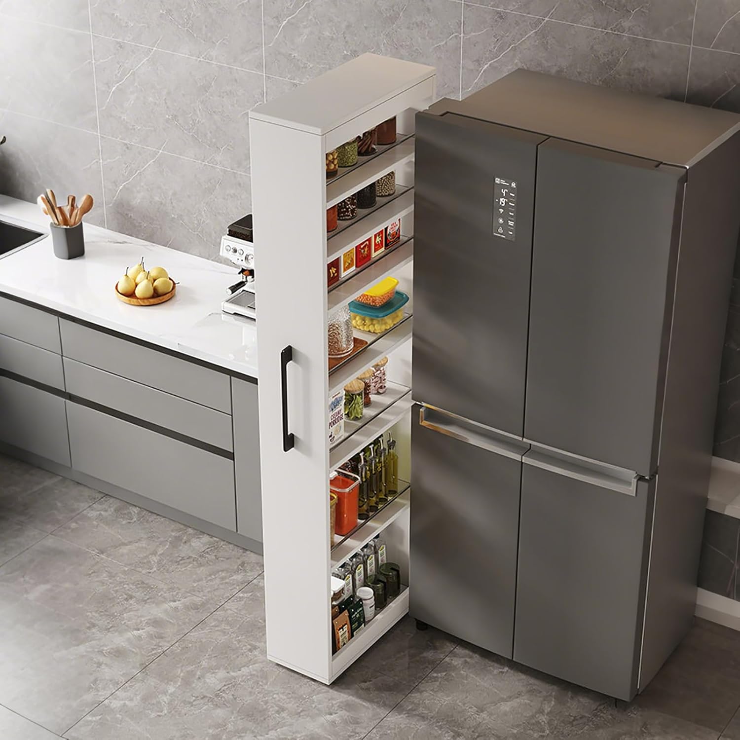 7 Tier Slim Storage Cart, Slide Out Mobile Utility Cart with Handle Narrow Spice Rack with Wheels for Kitchen, Bathroom, Laundry(White,9.8x21.6x72.8in)