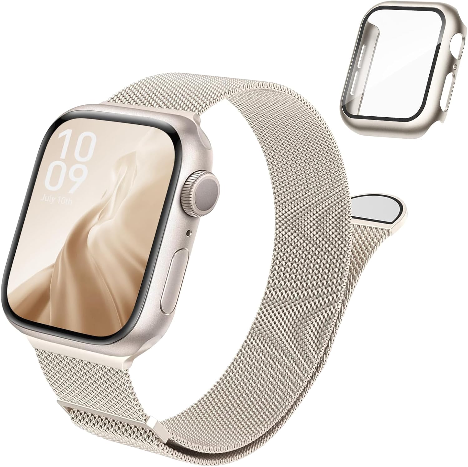 Stainless Steel Loop for Apple Watch Strap and Case with Screen Protector | 40mm 41mm 44mm 45mm 42mm 46mm Magnetic Mesh Bands with Case for Bracelet iWatch Band Series SE 11 10 9 8 7 6 5 4