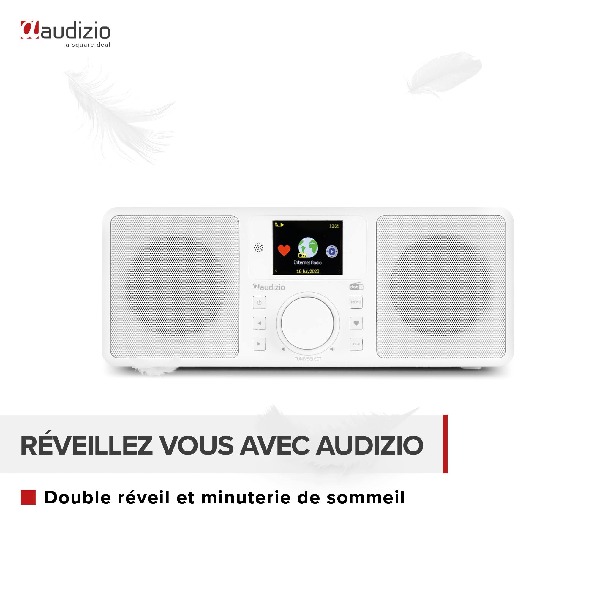 Audizio Rome - Radio Internet WiFi Stéréo Dab+ - Blanc, Récepteur Bluetooth, Écran de Couleur, Fonction Horloge et Timer, Télécommande Incluse, Idéal en Maison et Bureau