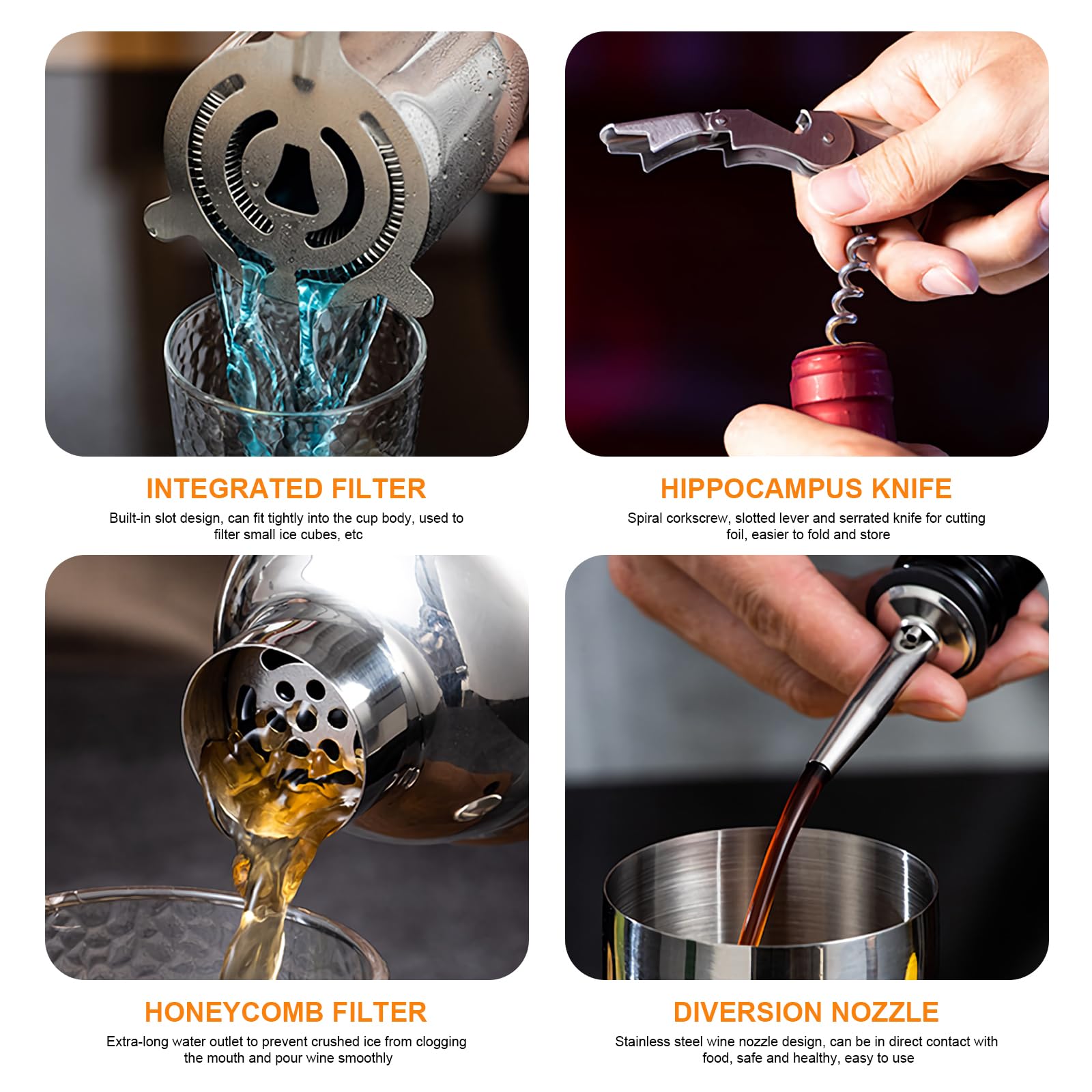 Kit da barman da 9 pezzi con supporto in bambù: set di shaker per cocktail per casa e bar, accessori da barista (M)