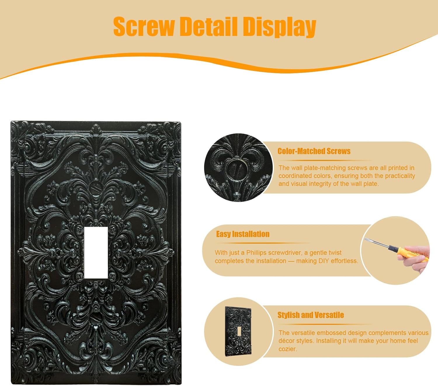 Decorative Light Switch Plate Covers Black Flower Elegant 3D Floral Embossed 1 Gang Light Switch Cover Plate Single Toggle Wall Plate Outlet Covers Faceplate for Bedroom Home Decor