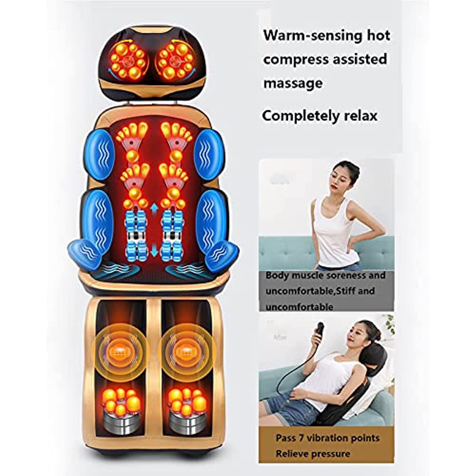 Colchoneta De Masaje Eléctrica De Cuerpo Completo, Cojín De Silla De Masaje Multifuncional 16 Cabezales De Masaje Profundo Para Amasar, Para Aliviar El Dolor De Cuello, Espalda, Cintura Y Piernas