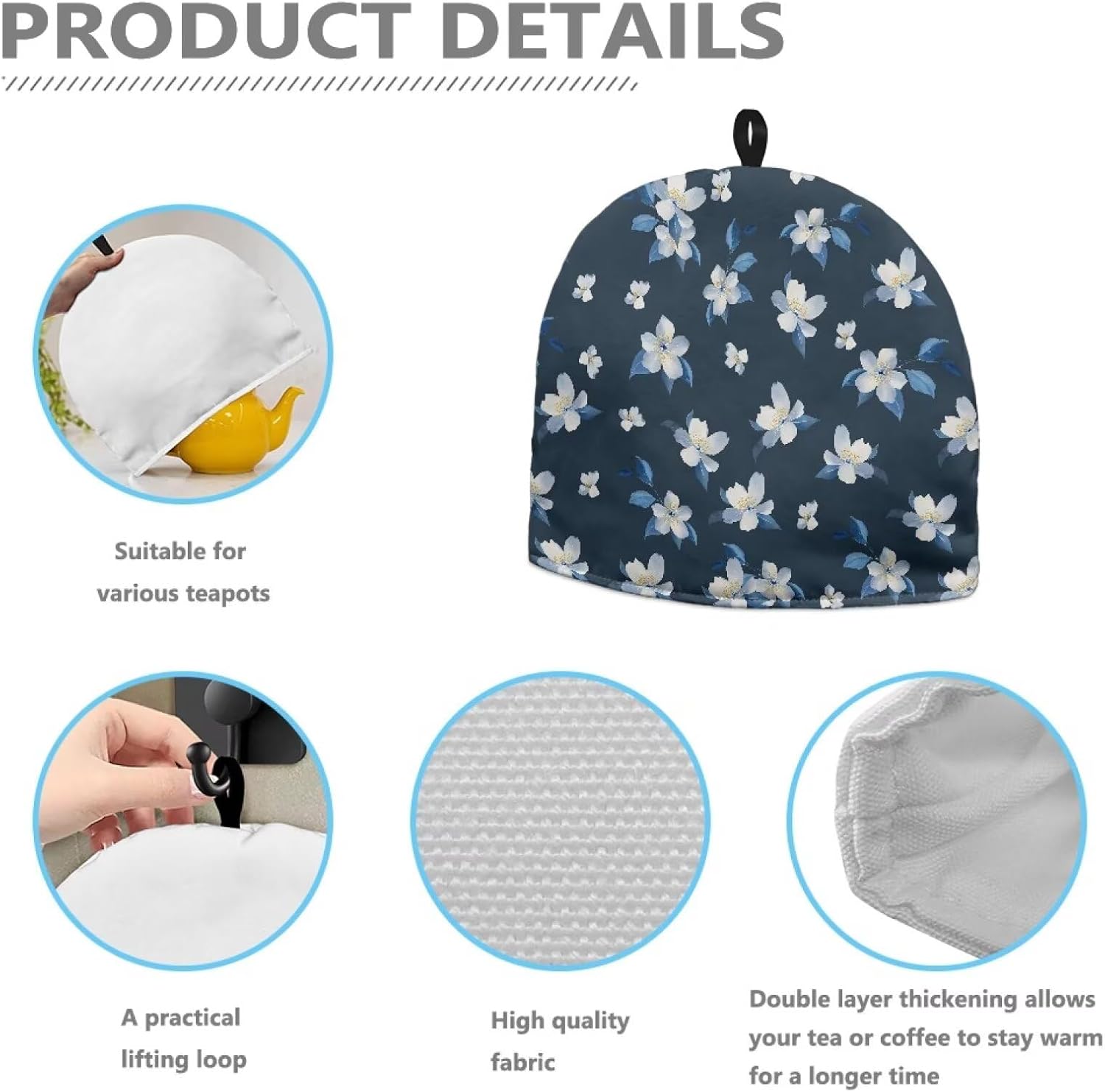 Tea Cozy for Teapot with Handle, Hanging Fold-Up Design Dust Cover | Navy blue floral print tea pot cover, for kitchen and living room table decoration