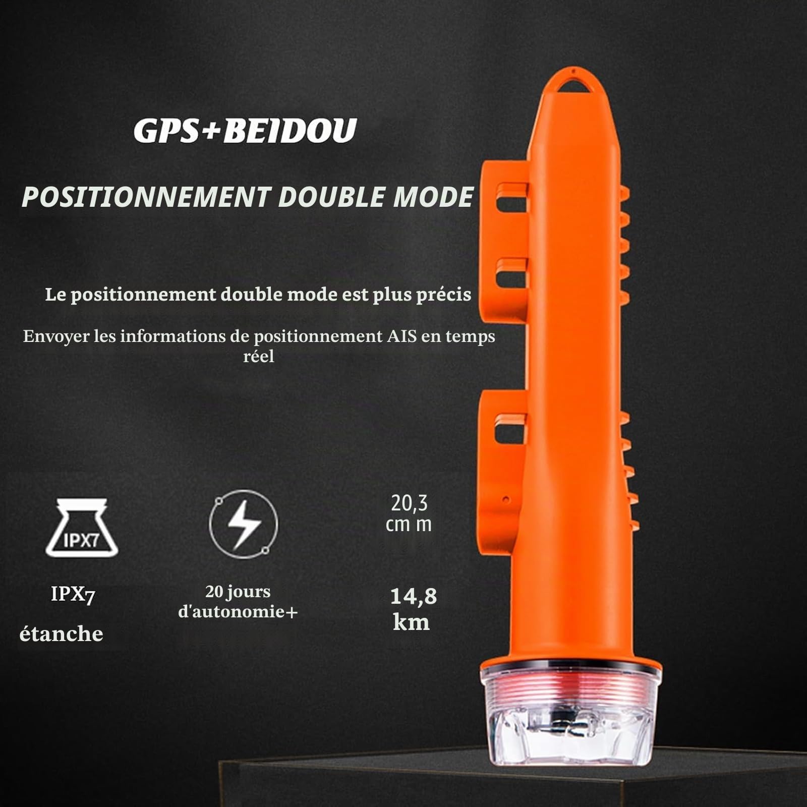 Bouée de positionnement AIS, Balise de mer GPS, avec Fonction d'avertissement et de Suivi, Niveau d'étanchéité IPX7, adapté à la pêche, aux Yachts et à l'aquaculture Marine