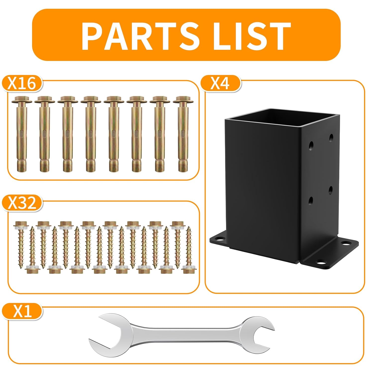 4x4 Post Base 4PCS, Inner Size 3.5x3.5 Inch Fence Post Anchor, Rust-Proof Heavy Duty Metal Black Powder-Coated Railing Post Brackets, for Support Deck, Pergola, Includes Screws