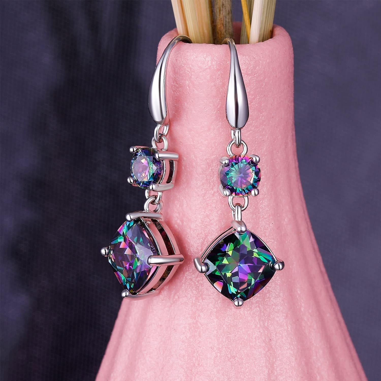 VOLUKA Created Opal/Amethyst/Mystic Topaz Pendant Necklace for Women,18K White/Rose Gold Plated Chain Wedding Engagement Jewelry Gift