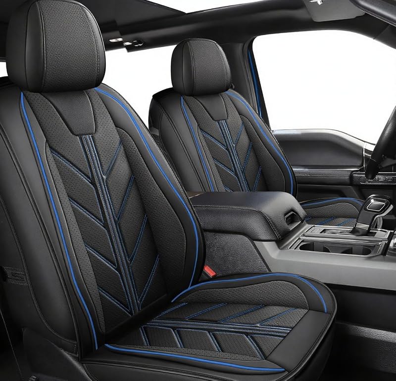 Capas para Bancos YOVEMEY em Couro Sintético Preto e Azul para Ford F-150 SuperCrew 2009–2026 e F-250, F-350 e F-450 Super Duty Crew Cab 2017–2026, Kit Completo YM-F150