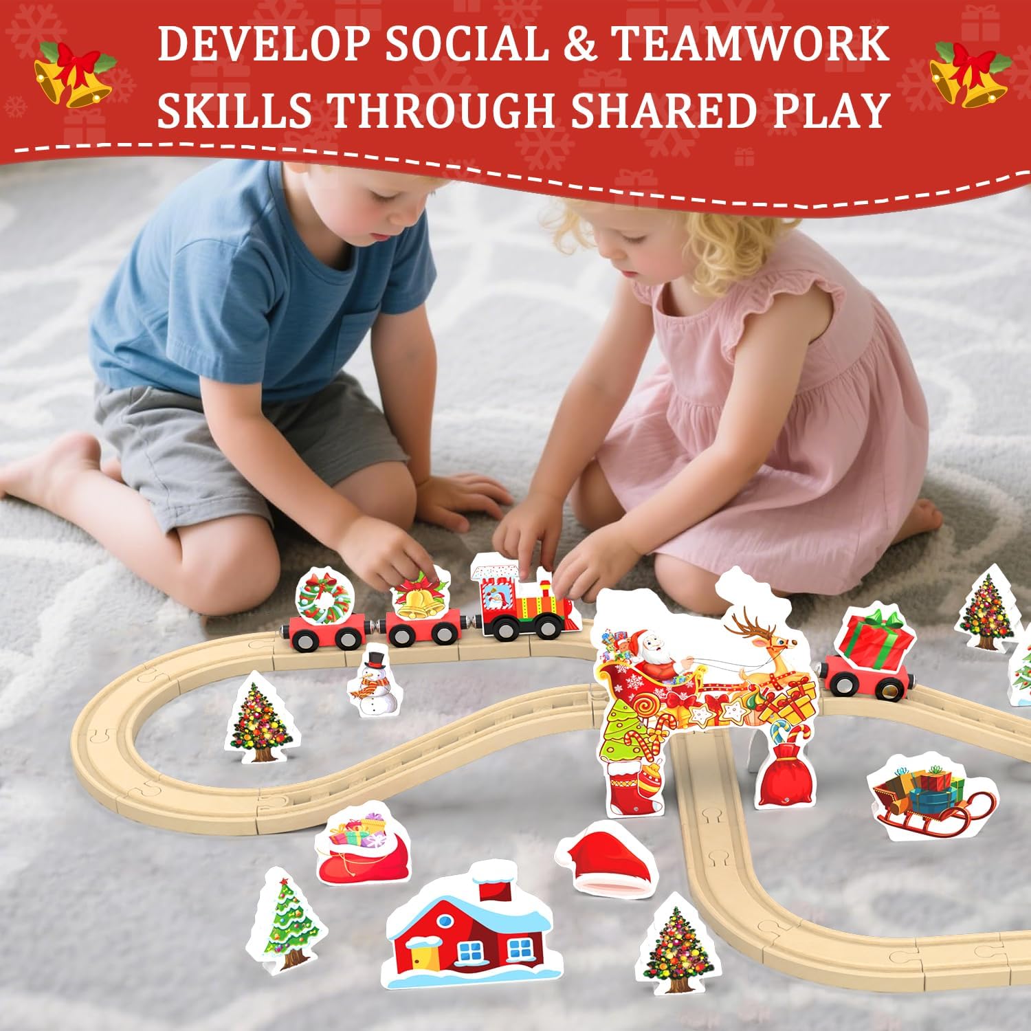Wooden Train Set, Train Track for Toddlers 3-5, Wooden Tracks Kids Girls Boys Toys, 42Pcs Trains Toy Set for 3 4 5 6 Year Old Compatible with Thomas, Brio - Image 3