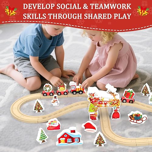Miniatura 3 de Juego de tren de madera para niños pequeños, 42 piezas de juguete de tren de madera para niños y niñas de 3, 4 y 5 años, juego de tren de Navidad