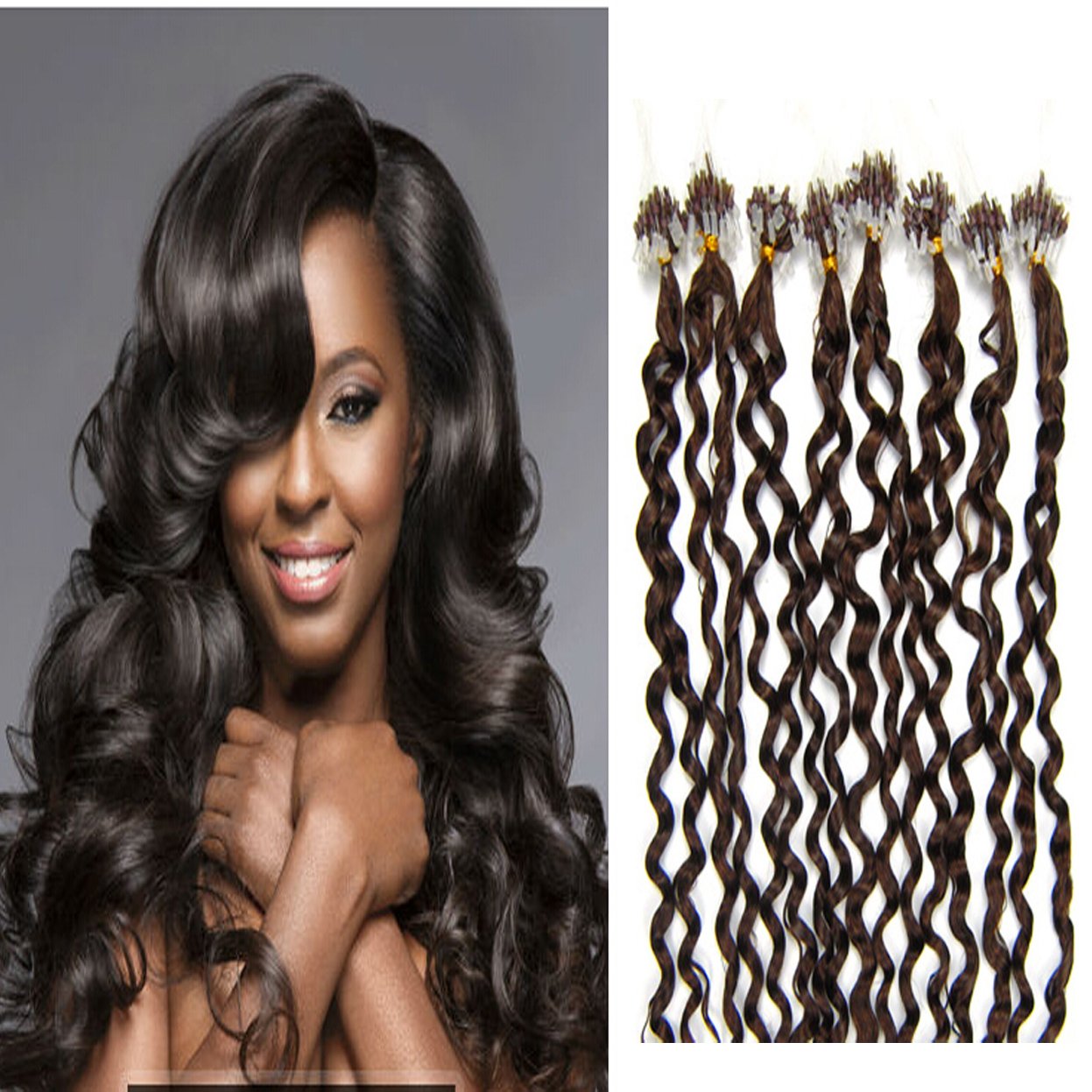 Remy Human Hair Extensions Easy Loop Micro Rings Bead Tip Curly Hair (04 Medium Brown)