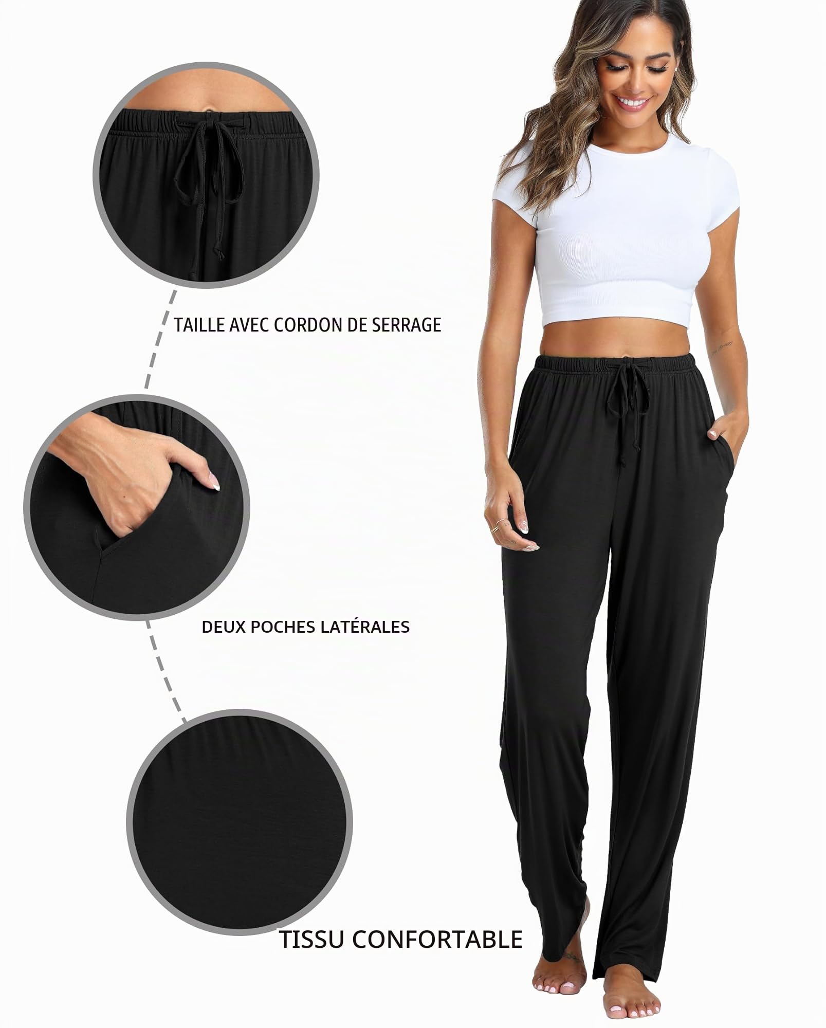 Vlazom Pantalon de Pyjama Femme Modal Bas de Pyjama avec Poches Pantalon de Nuit Vêtements de Nuit Couleur Unie S-XXL