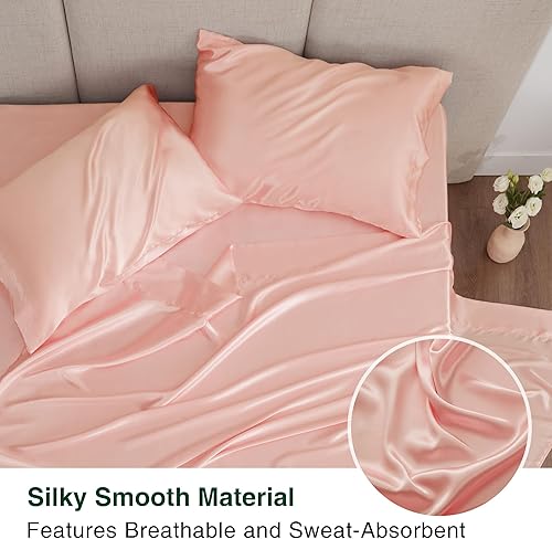Miniatura 3 de Love's cabin Juego de sábanas de satén Queen  Juego de sábanas de satén sedoso coral de 4 piezas con bolsillo profundo, juego de sábanas de satén de