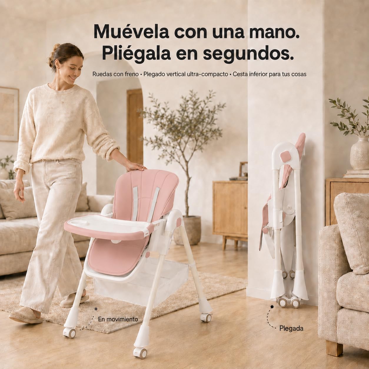 ALMAR Baby Trona de bebe evolutiva, plegable, elevable y reclinable con bandeja extraible color Rosa