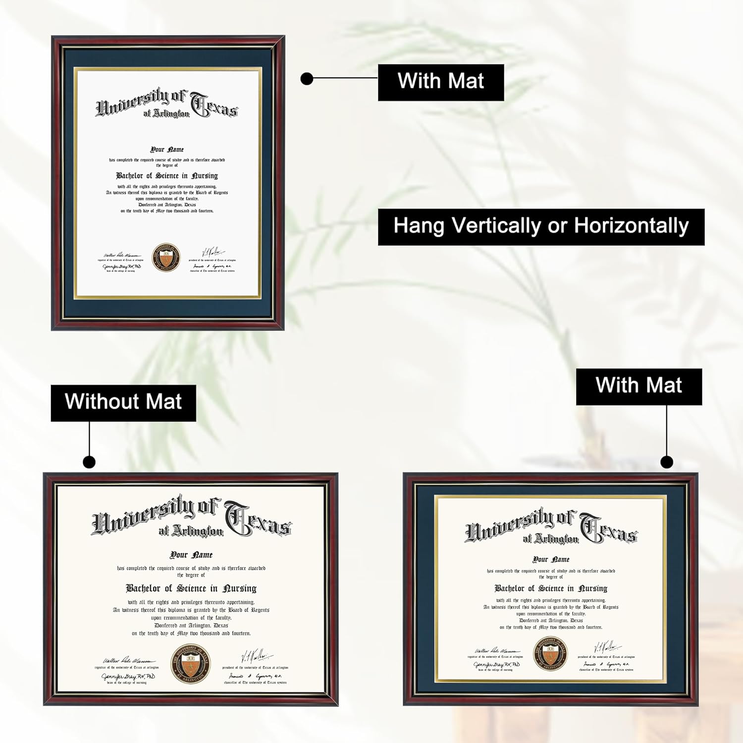 GraduationMall 14x17 Diploma Frame with Navy over Gold Mat or Display 16x20 Certificate without Mat,Solid Wood & Tempered Glass,Cherry Finish with Gold Trim