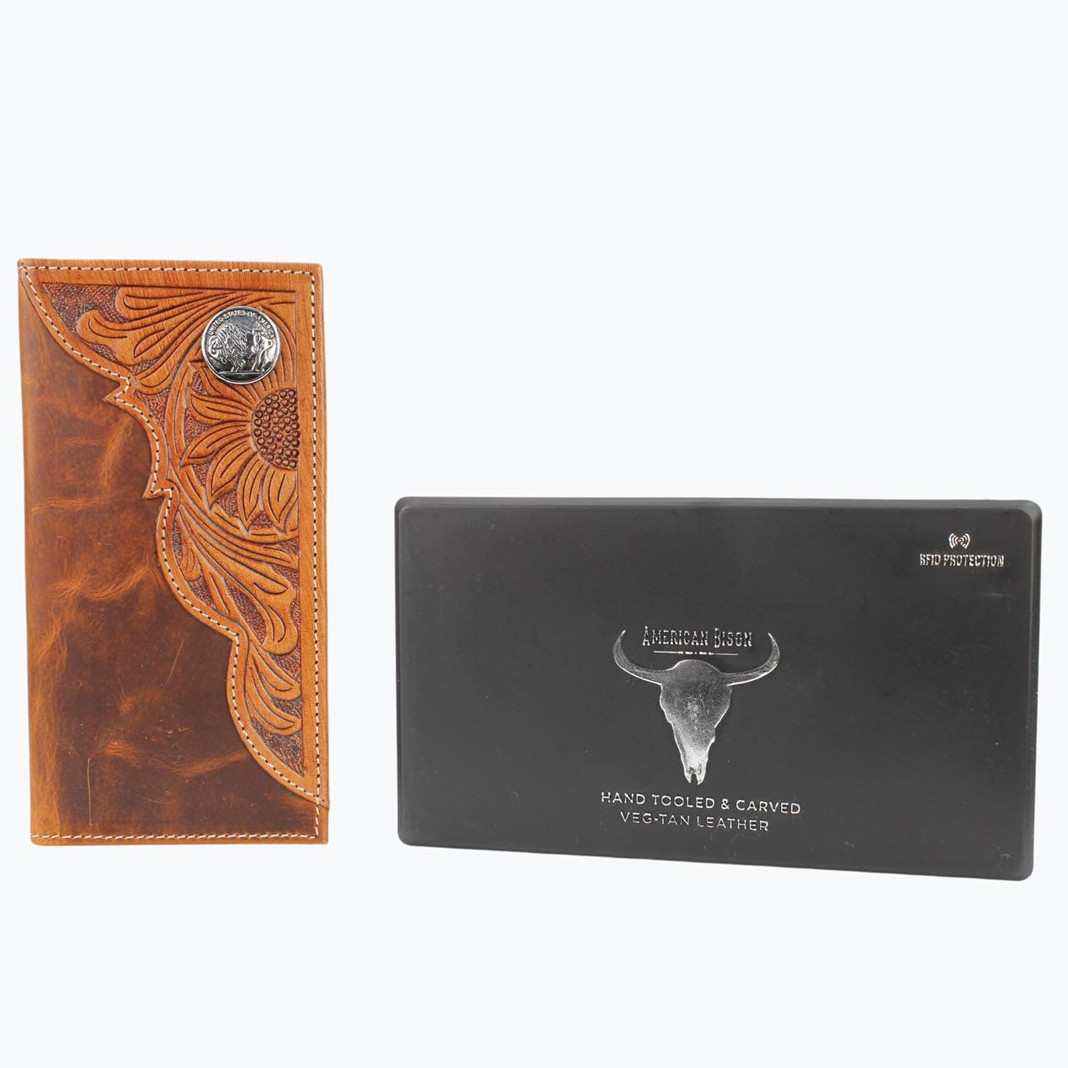 American Bison Tooled Side Rodeo Wallet with Conchos – Oil Pull Up – Durable, Stylish & RFID Protected (Buffalo Nikle, Tan)