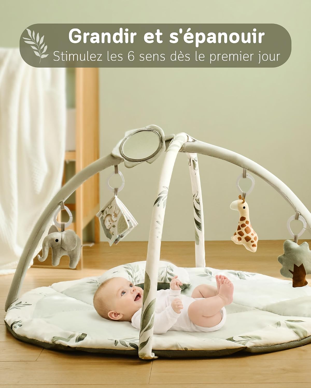 Fortella Tapis d'éveil Bébé, Thème Naturel, Arche amovible, Tapis de Jeux avec 5 Jouets d'activité et un coussin, Cadeau pour nouveau né, enfant, fille et garcon, Dès la Naissance, 0-3-6-12 Mois(Vert) — image 2