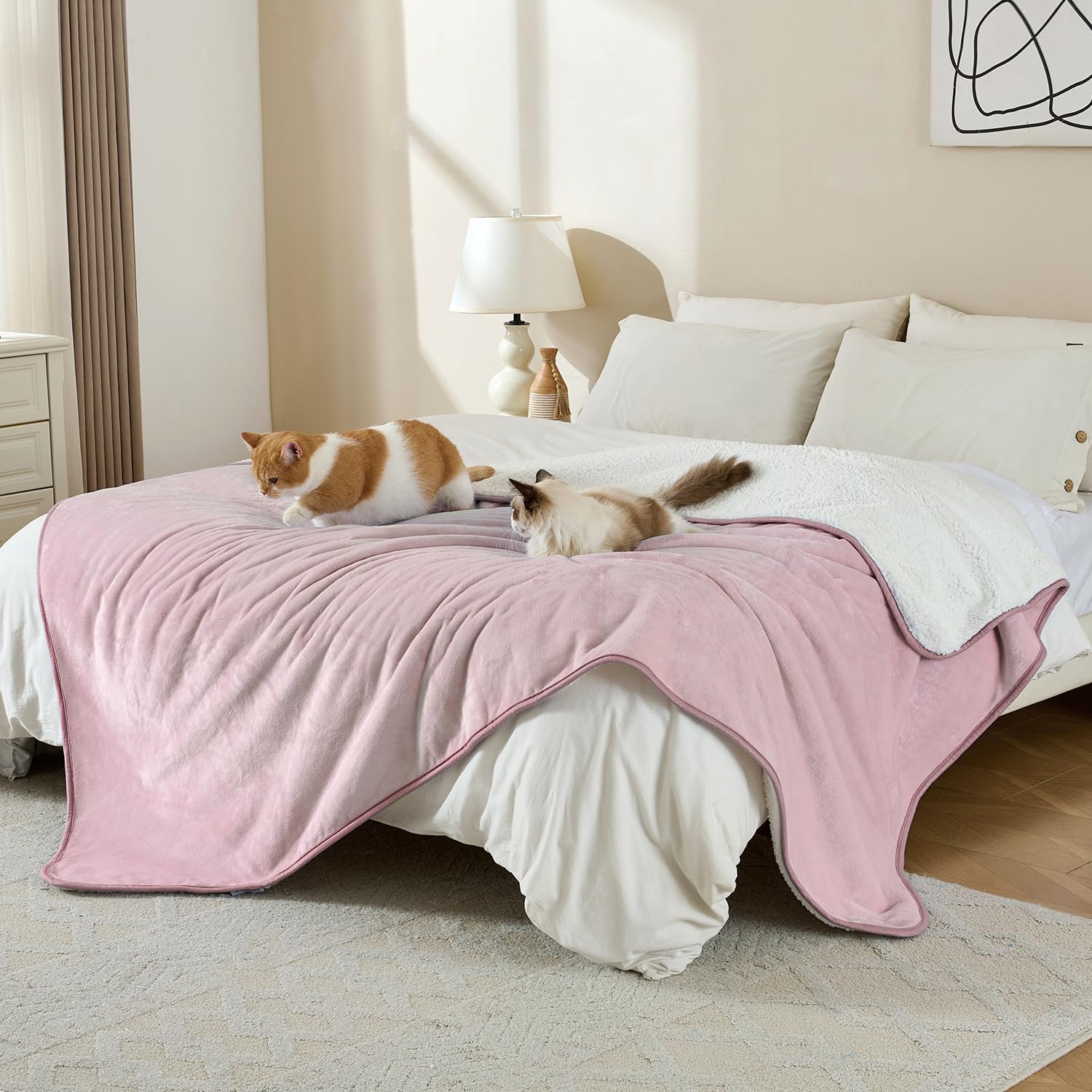 Manta impermeable para cama, sofá, manta suave a prueba de orina para perros, cachorros, gatos, manta reversible de forro polar Sherpa para protector de muebles (rosa polvoriento, 60 x 80