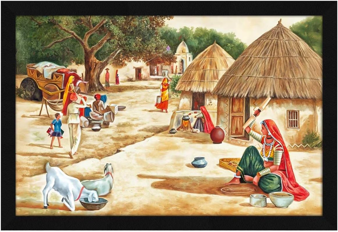 ArtX Paper Village Scenery Painting Vastu Wall Art, For Living Room Bedroom, Multicolor, Nature, 18.0 X 12.0 inches, Set of 1