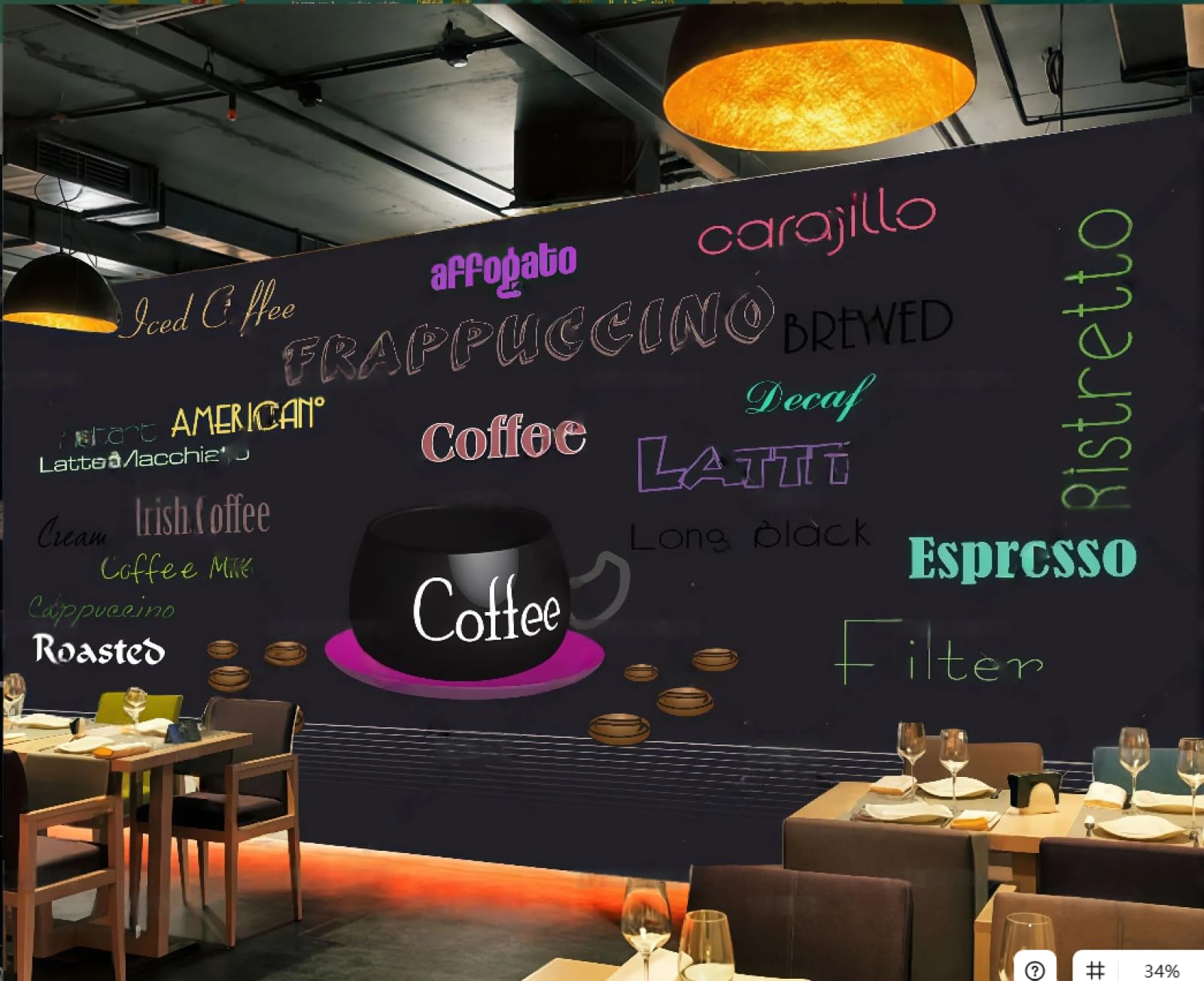 XDOUBAO Wallpaper Fashion Blackboard Hand-Painted Color Chalk Painting Coffee Menu Afternoon Tea Western Restaurant Background Wallpaper Coffee Shop Mural,3D,300x210cm