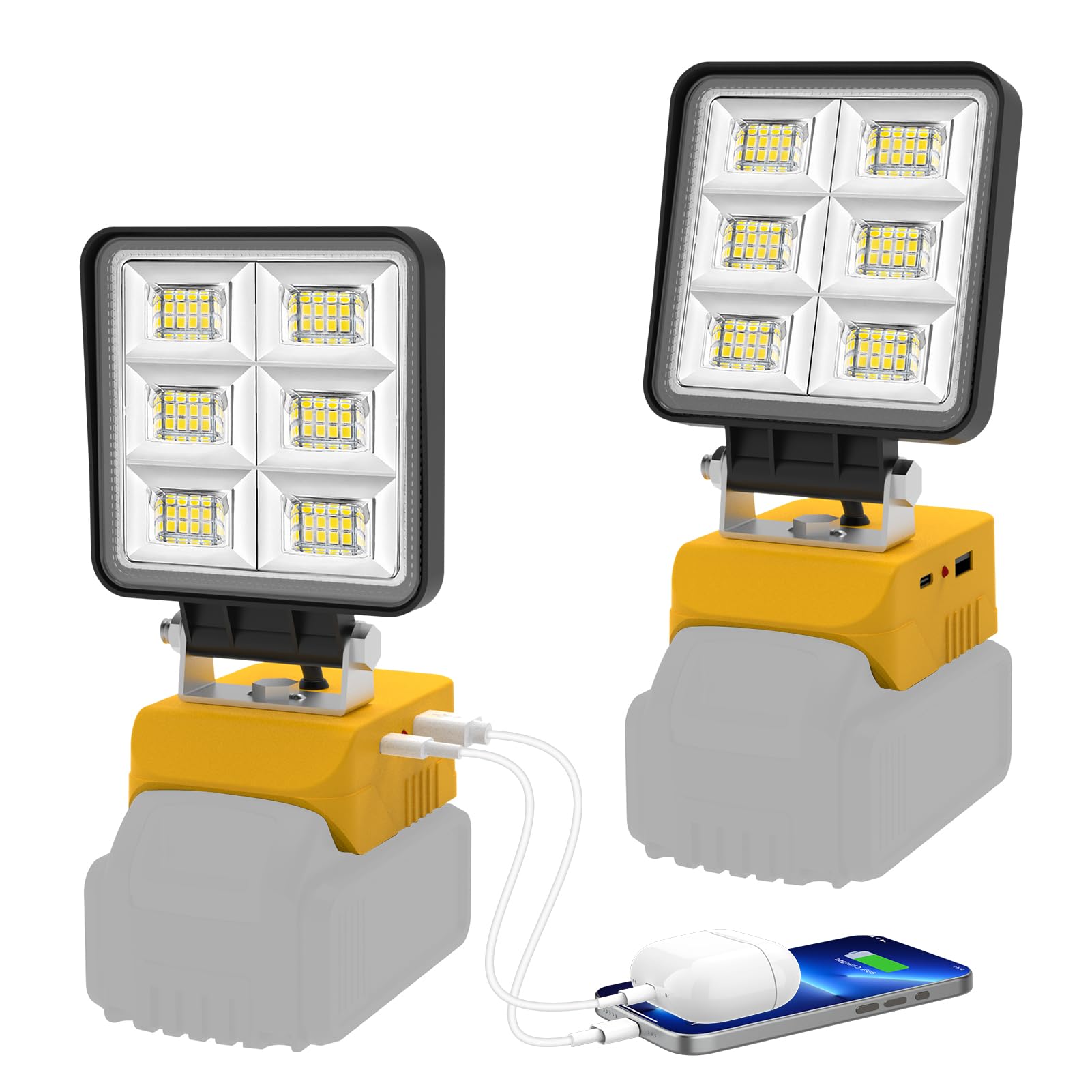 NATPOW Lampe de Chantier Compatible avec Dewalt 18V, Lot de 2 5200LM Projecteur, 2 Modes 6000K Lumière Portable avec Type C et USB pour Chantier, Garage, Camping, Pêche, Sans Batterie
