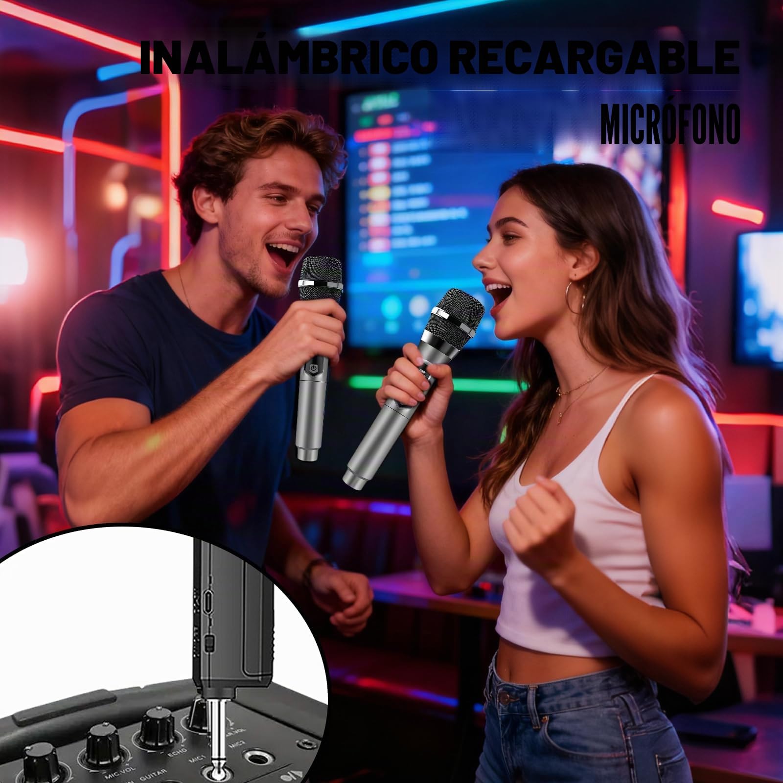 PORFOYO Micrófono inalámbrico, 2 piezas UHF Micrófono inalámbrico, juego de micrófono con receptor recargable, micrófono de mano doble, alcance de 50 m, para karaoke, canto, fiesta, escenario, boda