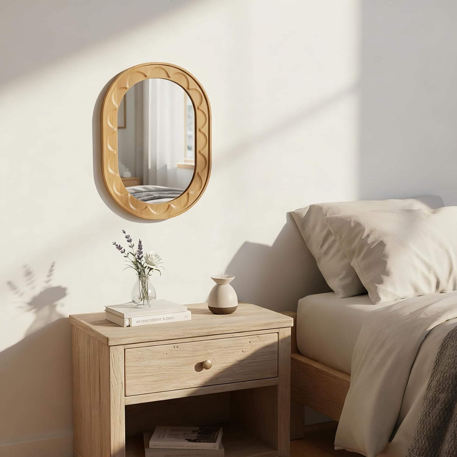 Entryway Small Mirrors for Wall, 16 x 12 Inch Wood Bathroom Mirror with Carved Wooden Frame and High-Definition Glass, Boho Wall Mirror Decorative for Bathroom, Entryway, Bedroom, Hallway