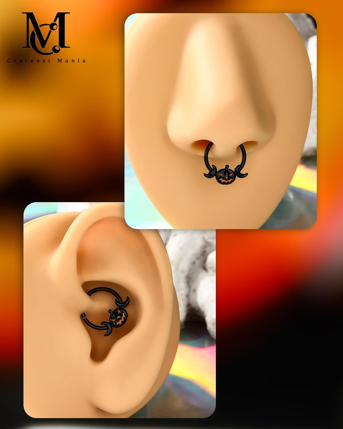CM Crareesi Mania Pumpkin Septum Ring Halloween Segment Nose Ring Hoop 316L Surgical Steel Gothic Septum Piercing Jewelry Spooky Daith Earrings for Women Men