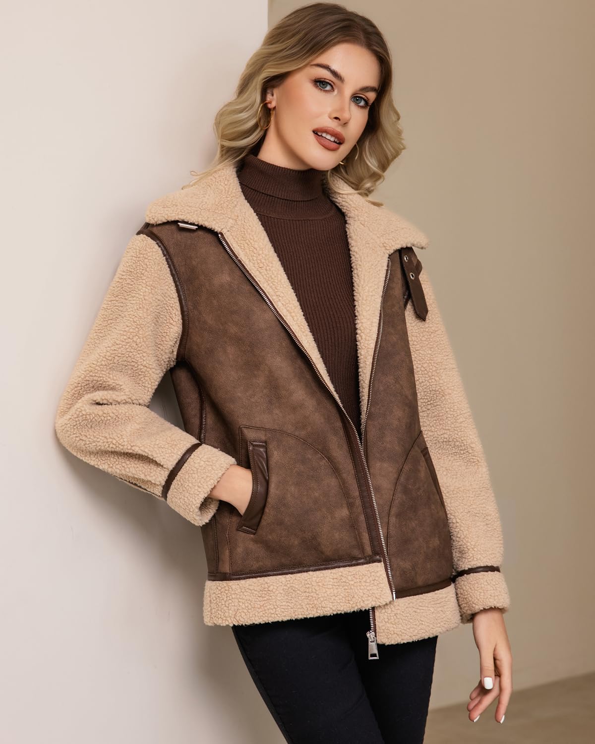 Women Faux Shearing Jacket Patchwork Fur Lined Leather Coat Moto Biker Outwear - Image 2