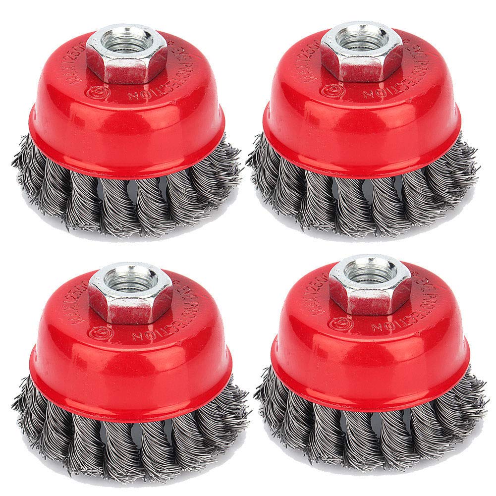 4PCS Brosse Conique, Brosse Metallique Meuleuse Brosse Boisseau Torsadée Brosses de Ponçage pour Meuleuse d'angle Corrosion l’enlèvement de Peinture Ø 75mm, M14 Épaisseur de fil de 0,5mm