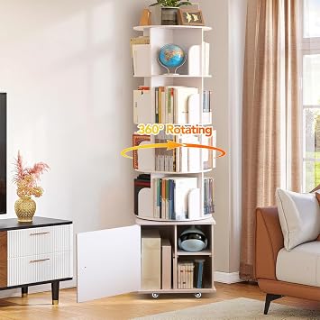 RUNSUNSPRI 6 Tier Rotating Bookshelf Spinning Bookshelf Tower 360° Revolving Bookcase with Storage Cabinet Corner Organizer Storage Round Carousel with Wheels, White