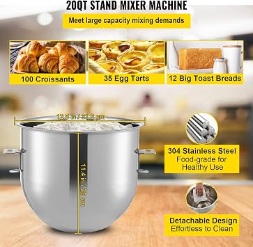 VEVOR Commercial Stand Mixer, 20Qt Stainless Steel Bowl, 1100W 2 in 1 Multifunctional Electric Food Mixer with Meat Grinder & 3 Speeds, Dough Hook Whisk Beater Included, Perfect for Bakery Pizzeria