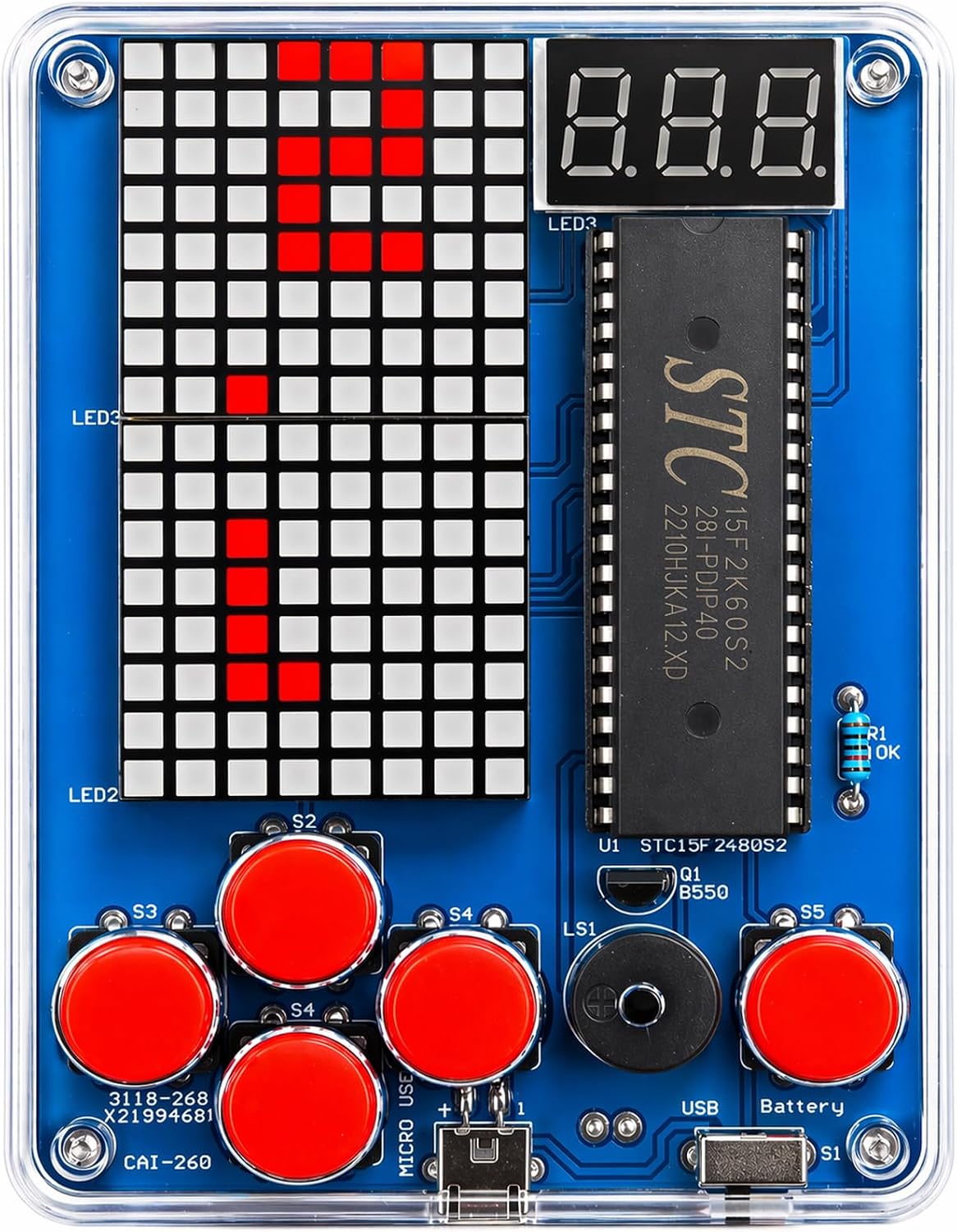 Beginner DIY Soldering Kit, 4-Game LED Matrix Console, Red Pixel | Red-pixel LED matrix kit with four built-in games and a step-by-step guide for hands-on circuit assembly and soldering