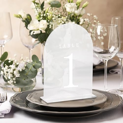 Miniatura 5 de uxcell 15 carteles acrílicos de arco transparente de 4.8 x 7 pulgadas con soporte, soportes de números de mesa de arco acrílico para decoración de