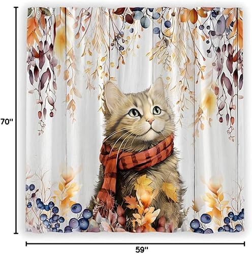 Miniatura 4 de Cortina de ducha con diseño de gato de otoño, acuarela, hojas de otoño, naranja, brillante, eucalipto, terracota, granja, hojas de gatito, con bayas