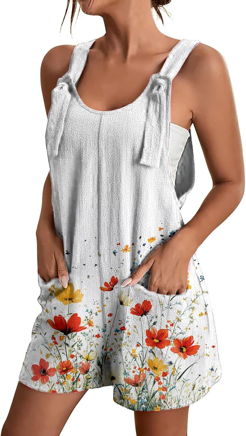 Overalls for Women Boho Floral Print Summer Casual Short Overalls Tie Knot Straps with Pockets