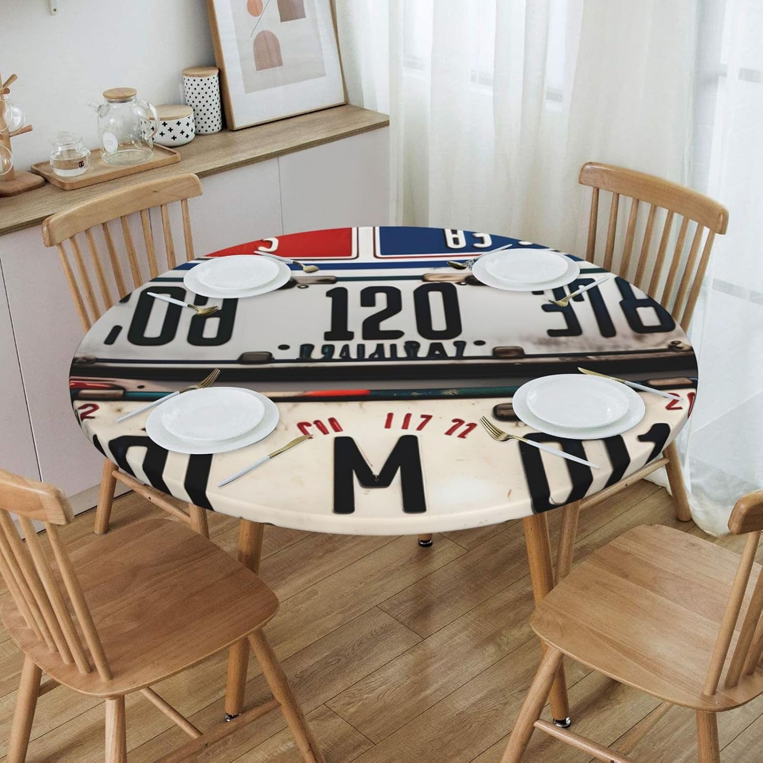 Old License Plate Print Outdoor Patio Kitchen Decor Supplies Wipeable Round Table Cloth for Indoor Outdoor