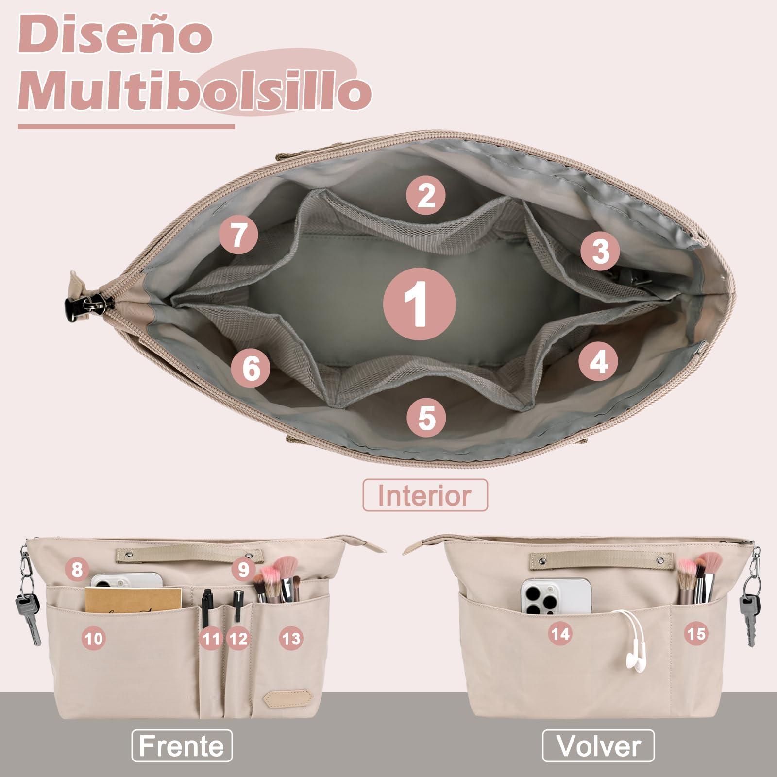 GADITIEK Organizador Bolsos, Organizador De Bolsos Poliéster con Llavero, Organizador Bolsos De Mujer para Bolsos Longchamp Le Pliage l,y Más... Tote Bag Organizer (Beige, L)