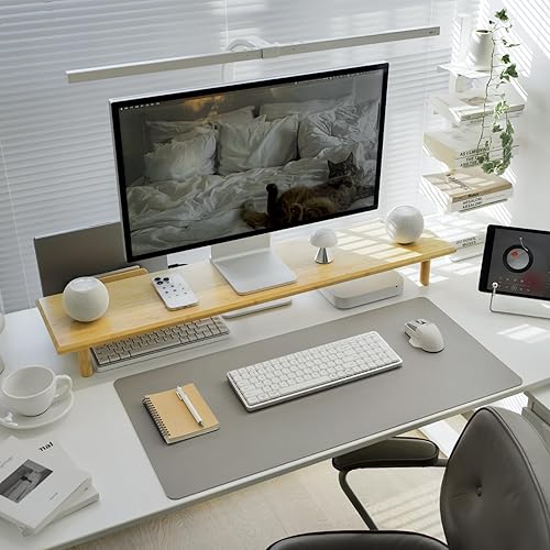 Miniatura 6 de Soporte elevado de bambú para monitor dual con almacenamiento debajo, estante de escritorio ergonómico para PC, computadora, impresora, TV para el